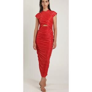 Sabina Musayev Leaf Dress Radiant Red Pleated Cutout Midi Size M